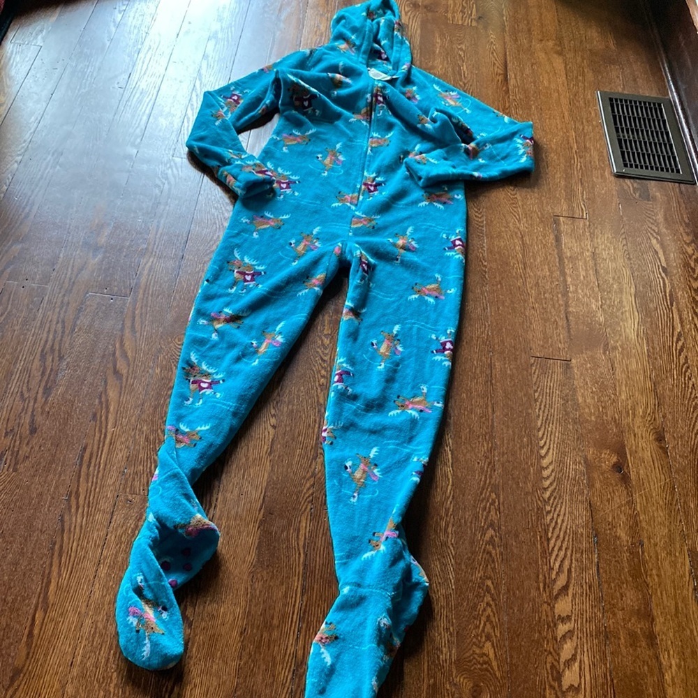 Jenni Teal Reindeer Fleece Hooded Onesie Pajamas Cozy Holiday SIZE L